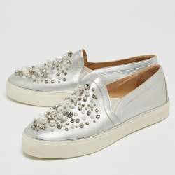 Pre Owned Stuart Weitzman Silver Leather Faux Pearl and Crystal Embellished Slip On Sneakers Size 42