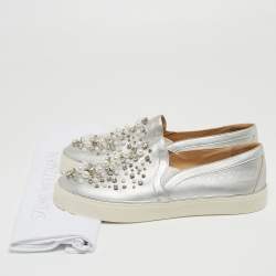 Pre Owned Stuart Weitzman Silver Leather Faux Pearl and Crystal Embellished Slip On Sneakers Size 42