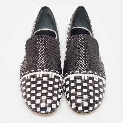 Stuart Weitzman Black/White Woven Leather Riviera Smoking Slippers Size 36