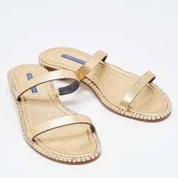 Stuart Weitzman Metallic Gold Leather Embellished Slides Size 40
