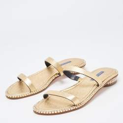 Stuart Weitzman Metallic Gold Leather Embellished Slides Size 40