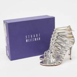 Stuart Weitzman Metallic Silver Leather Crystal Embellished Strappy Sandals Size 39.5