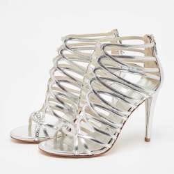 Stuart Weitzman Metallic Silver Leather Crystal Embellished Strappy Sandals Size 39.5