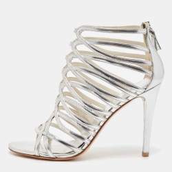 Stuart Weitzman Metallic Silver Leather Crystal Embellished Strappy Sandals Size 39.5