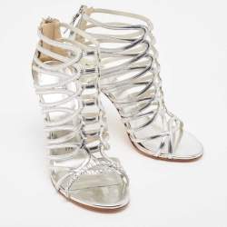 Stuart Weitzman Metallic Silver Leather Crystal Embellished Strappy Sandals Size 39.5