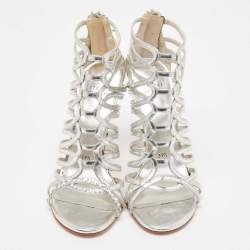 Stuart Weitzman Metallic Silver Leather Crystal Embellished Strappy Sandals Size 39.5