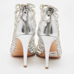 Stuart Weitzman Metallic Silver Leather Crystal Embellished Strappy Sandals Size 39.5