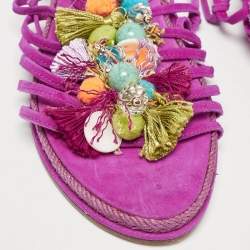 Stuart Weitzman Pink Suede Embellished Lace Up Slide Flats Size 36
