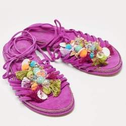 Stuart Weitzman Pink Suede Embellished Lace Up Slide Flats Size 36
