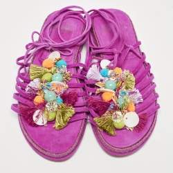 Stuart Weitzman Pink Suede Embellished Lace Up Slide Flats Size 36