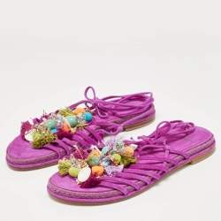 Stuart Weitzman Pink Suede Embellished Lace Up Slide Flats Size 36