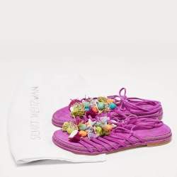 Stuart Weitzman Pink Suede Embellished Lace Up Slide Flats Size 36