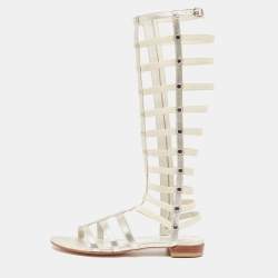 Stuart Weitzman Metallic Leather and Elastic Gladiator Flat Sandals Size 37