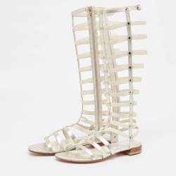 Stuart Weitzman Metallic Leather and Elastic Gladiator Flat Sandals Size 37