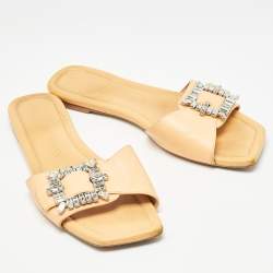 Stuart Weitzman Light Orange Leather Crystal Embellished Shine Buckle Flat Slides Size 40