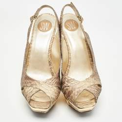 Stuart Weitzman Beige Python Embossed Leather  Slingback Pumps Size 38.5  