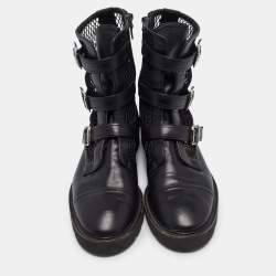 Stuart Weitzman Black Leather and Mesh Buckle Boots Size 42