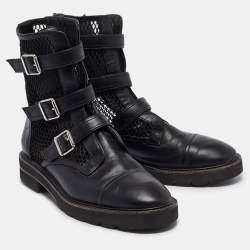 Stuart Weitzman Black Leather and Mesh Buckle Boots Size 42
