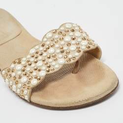 Stuart Weitzman Beige Textured Suede Studded Thong Slides Size 41