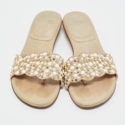 Stuart Weitzman Beige Textured Suede Studded Thong Slides Size 41