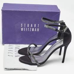 Stuart Weitzman Black Satin Crystal Embellished Ankle Strap Sandals Size 41