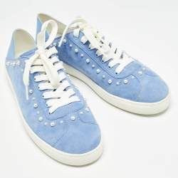 Stuart Weitzman Blue Suede Pear Embellished Lace Up Sneakers Size 39.5