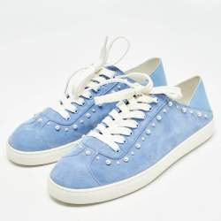 Stuart Weitzman Blue Suede Pear Embellished Lace Up Sneakers Size 39.5