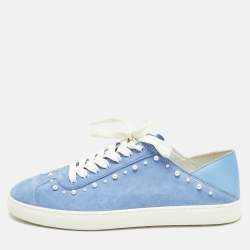 Stuart Weitzman Blue Suede Pear Embellished Lace Up Sneakers Size 39.5