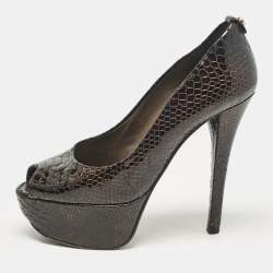 Stuart Weitzman Brown Croc Embossed Patent Leather Peep Toe Pumps Size 36.5