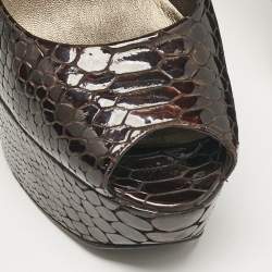 Stuart Weitzman Brown Croc Embossed Patent Leather Peep Toe Pumps Size 36.5