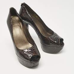 Stuart Weitzman Brown Croc Embossed Patent Leather Peep Toe Pumps Size 36.5