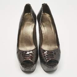 Stuart Weitzman Brown Croc Embossed Patent Leather Peep Toe Pumps Size 36.5