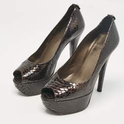 Stuart Weitzman Brown Croc Embossed Patent Leather Peep Toe Pumps Size 36.5