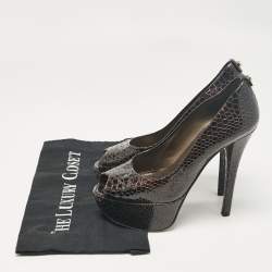 Stuart Weitzman Brown Croc Embossed Patent Leather Peep Toe Pumps Size 36.5