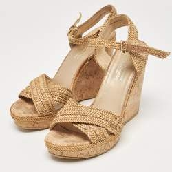 Stuart Weitzman Beige Raffia Cork Wedge Sandals Size 39.5