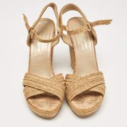 Stuart Weitzman Beige Raffia Cork Wedge Sandals Size 39.5