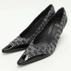 Stuart Weitzman Black/Grey Signature Canvas and Patent Leather Embellished Pumps Size 39.5
