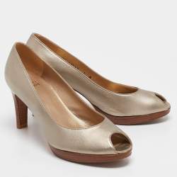 Pre Owned Stuart Weitzman Metallic Leather Peep Toe Pumps Size 37.5
