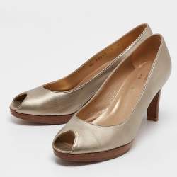 Pre Owned Stuart Weitzman Metallic Leather Peep Toe Pumps Size 37.5