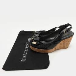 Stuart Weitzman Black Python Embossed Leather Bow Cork Wedge Slingback Pumps Size 40
