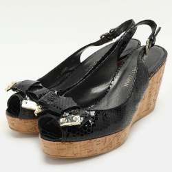 Stuart Weitzman Black Python Embossed Leather Bow Cork Wedge Slingback Pumps Size 40