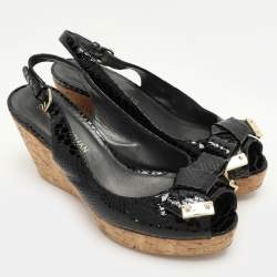 Stuart Weitzman Black Python Embossed Leather Bow Cork Wedge Slingback Pumps Size 40