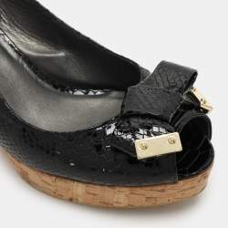 Stuart Weitzman Black Python Embossed Leather Bow Cork Wedge Slingback Pumps Size 40