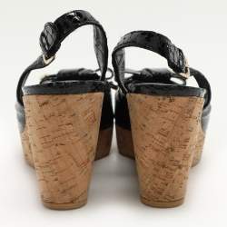 Stuart Weitzman Black Python Embossed Leather Bow Cork Wedge Slingback Pumps Size 40