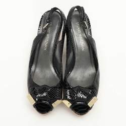 Stuart Weitzman Black Python Embossed Leather Bow Cork Wedge Slingback Pumps Size 40