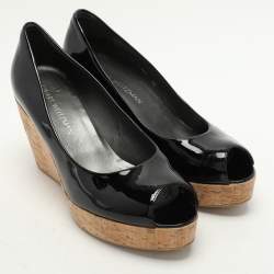 Stuart Weitzman Black Patent Leather Cork Wedge Pumps Size 40