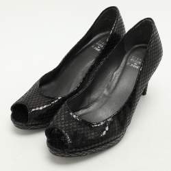 Stuart Weitzman Black Python Embossed Leather Peep Toe Pumps Size 39.5