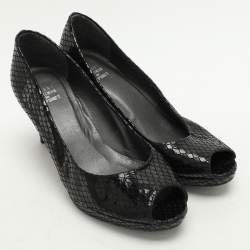 Stuart Weitzman Black Python Embossed Leather Peep Toe Pumps Size 39.5