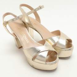 Stuart Weitzman Gold Leather Platform Ankle Strap Sandals Size 38