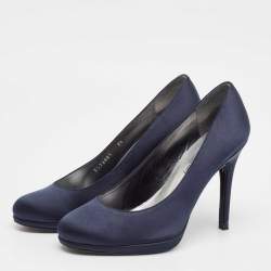 Stuart Weitzman Navy Blue Satin Round Toe Platform Pumps Size 38